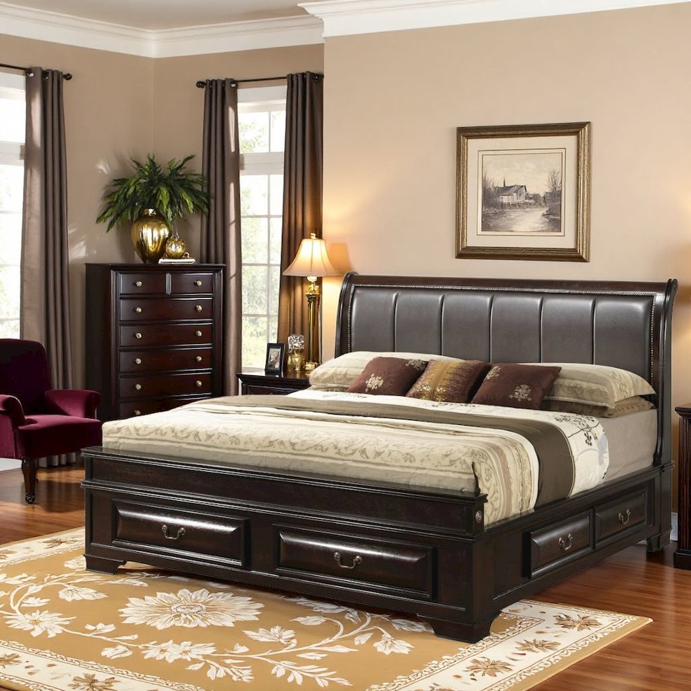 Brown King Size Bed Frame With 6 Drawers And Solid Wood Accents