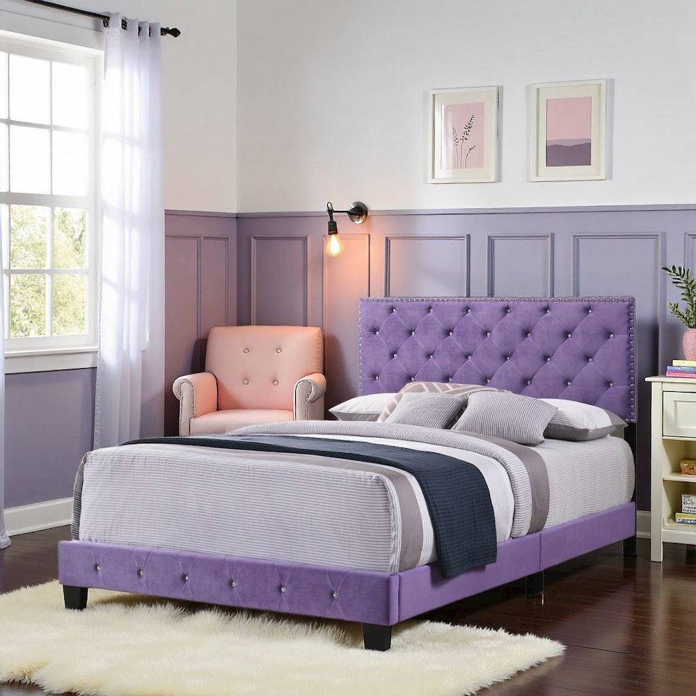 Elegant Purple Queen Bed Frame for Girls With Tufted Upholstered Design