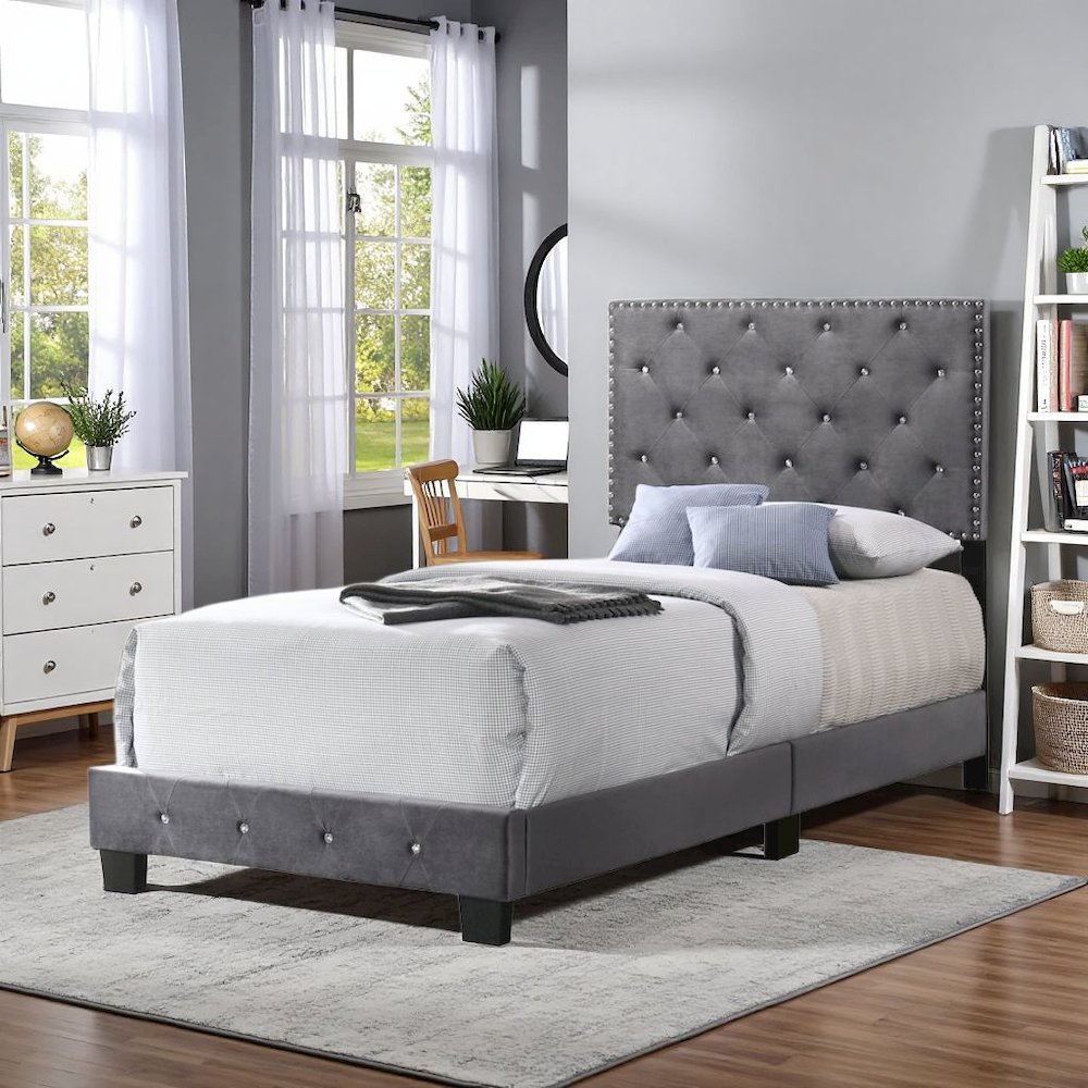 Gray Twin Bed with Headboard, Twin Platform Bed Frame for Adults