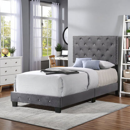 Gray Twin Bed with Headboard, Twin Platform Bed Frame for Adults