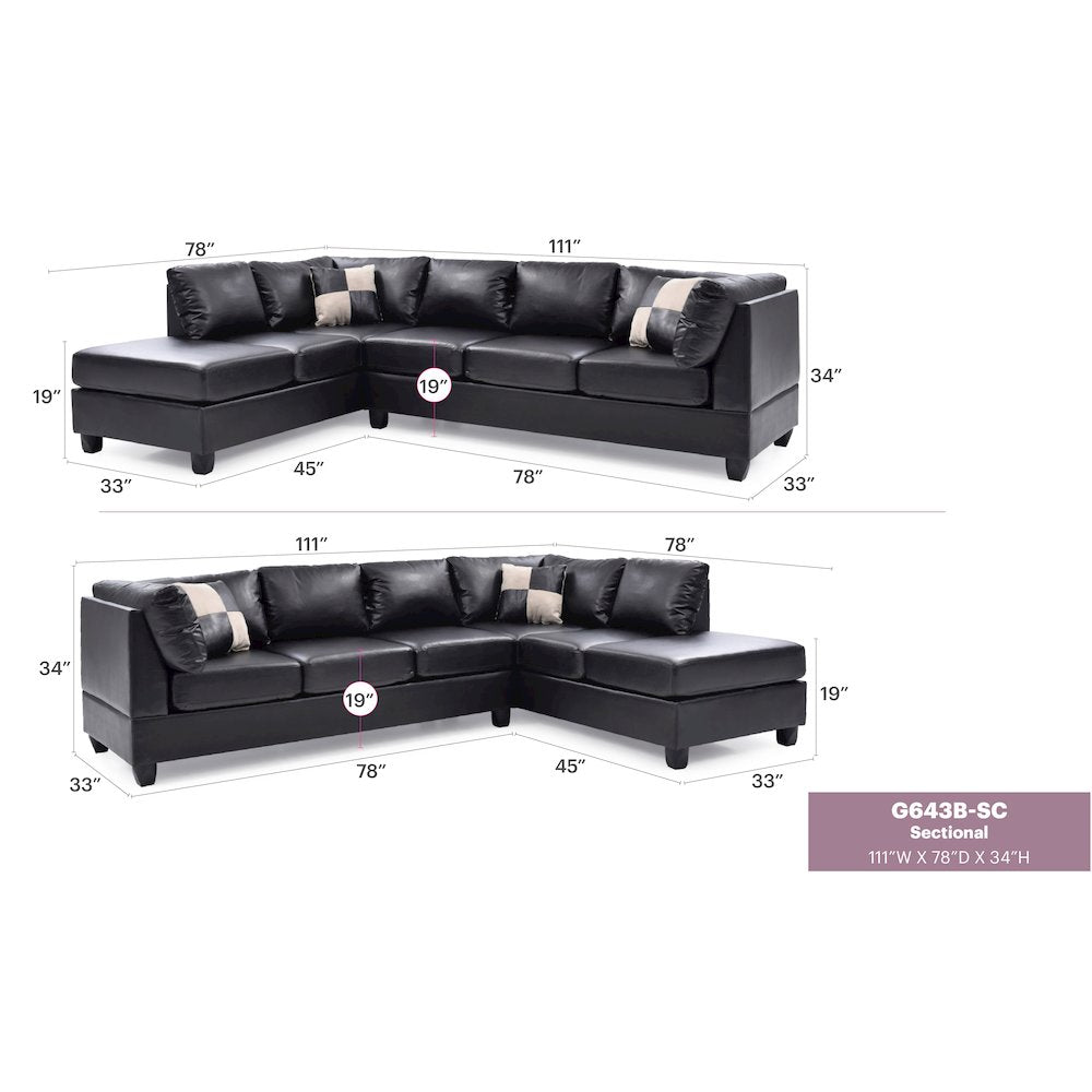 Glory Furniture Malone Sectional in Black Color