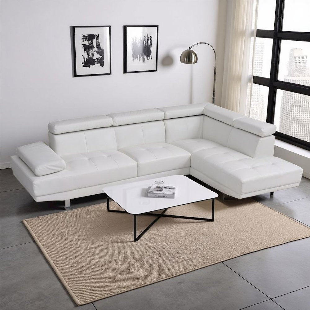 White Leather Sectional Couch with Faux Upholstery for Living Room