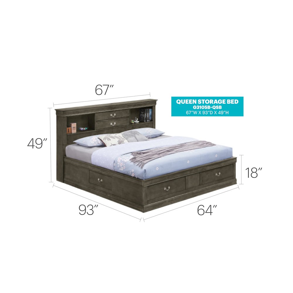 Glory Furniture Louis Phillipe Queen Storage Bed in Gray Color