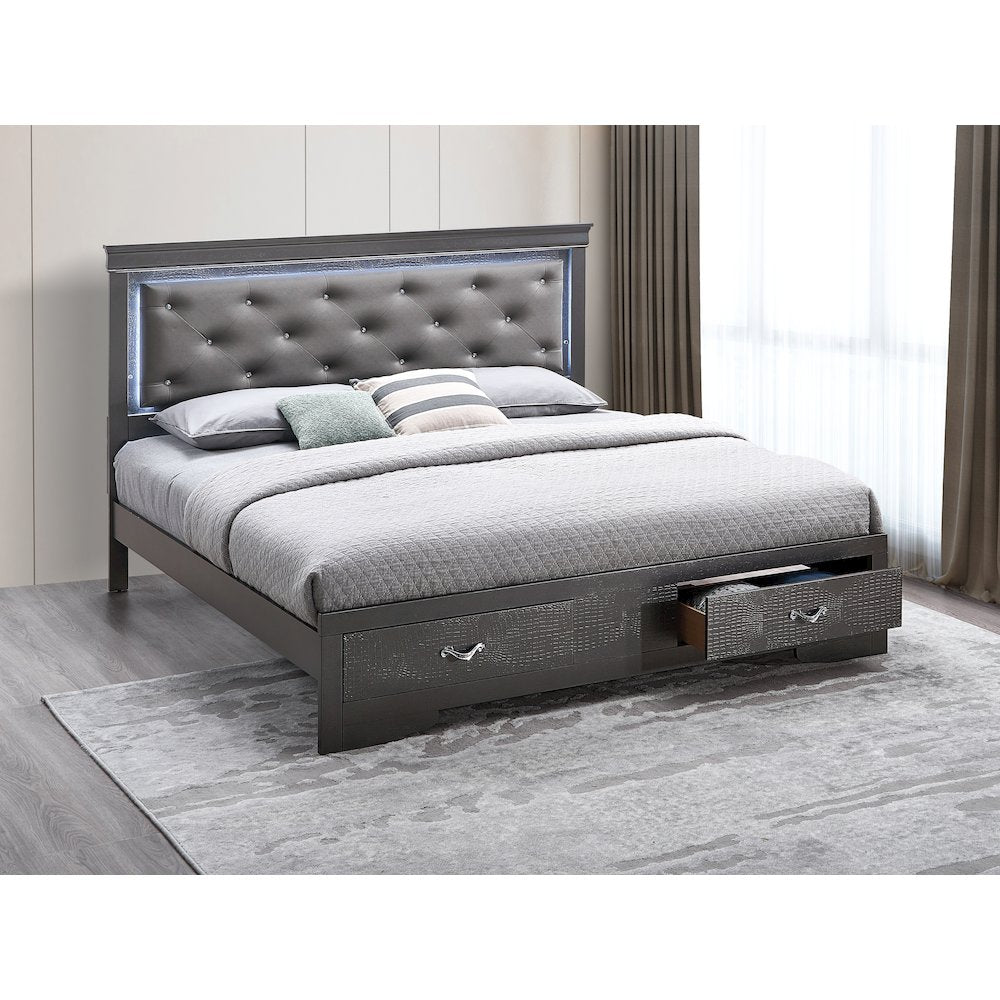 Storage Bed with LED Tufted Headboard, Modern Bedroom Beds, Gunmetal Gray, Queen