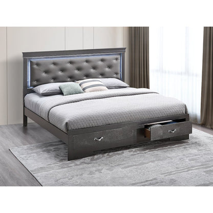 Storage Bed with LED Tufted Headboard, Modern Bedroom Beds, Gunmetal Gray, Queen
