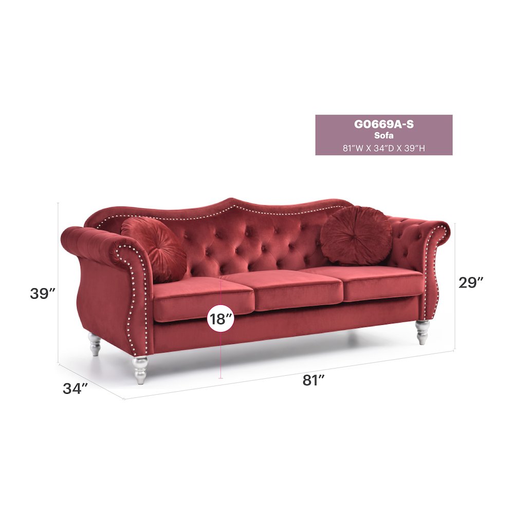 Glory Furniture Hollywood Sofa in Burgundy Color