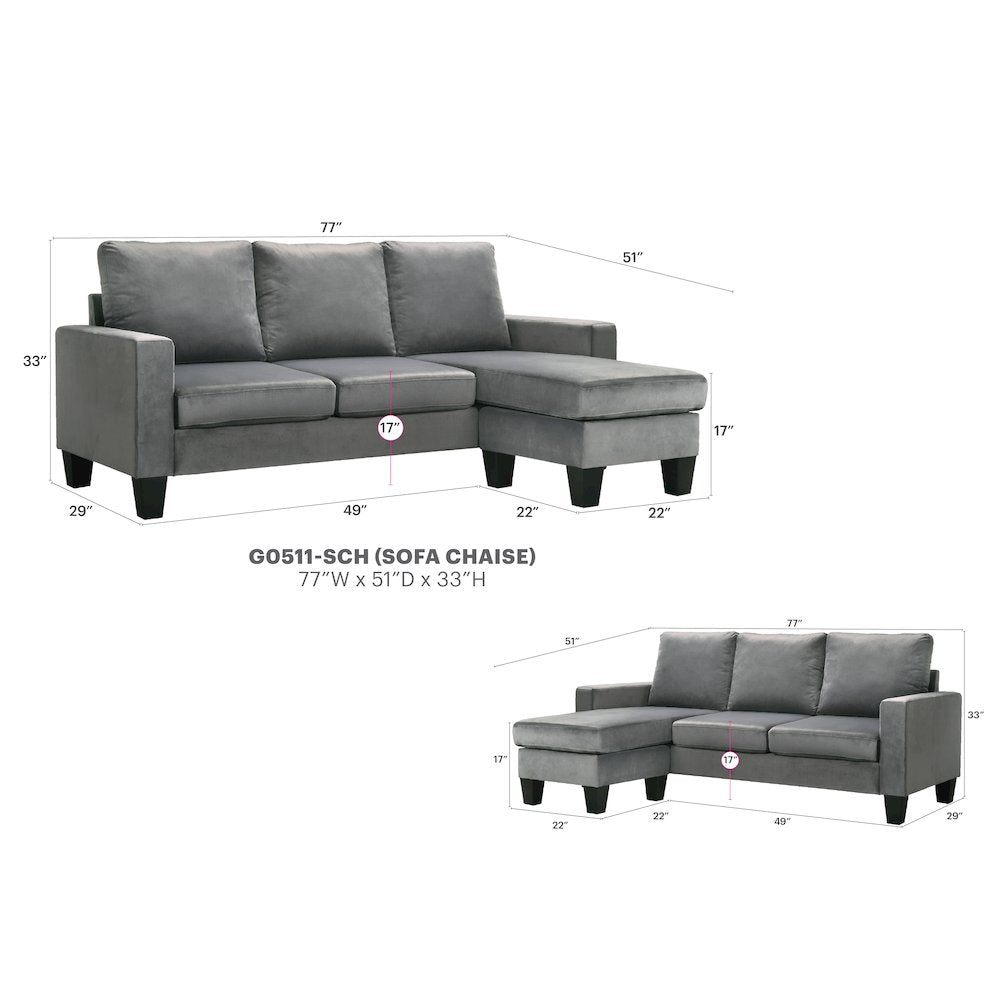 Glory Furniture Jessica Sofa Chaise in Gray Color