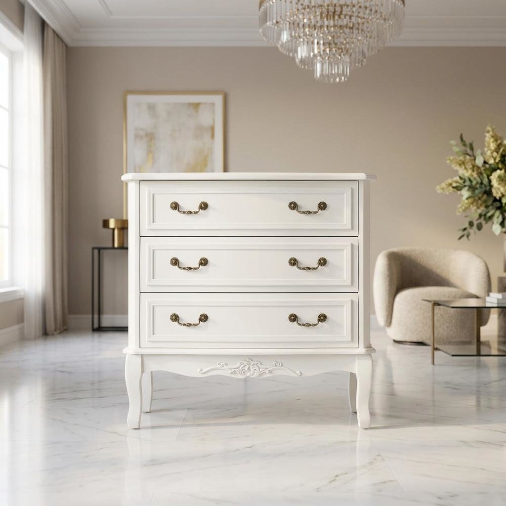 White Provincial 3-Drawer Wooden Storage Cabinet with Classic Design