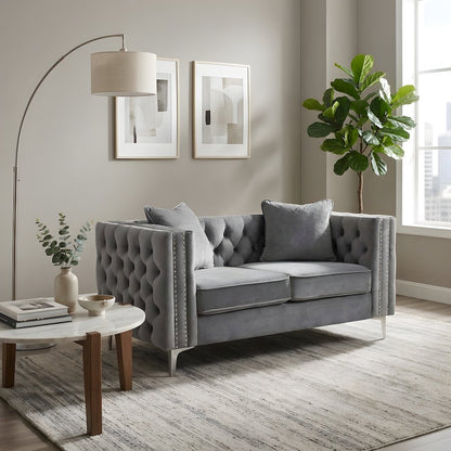 Velvet-Upholstered Loveseat with Button-Tufted Back and Nailhead Trims, Gray