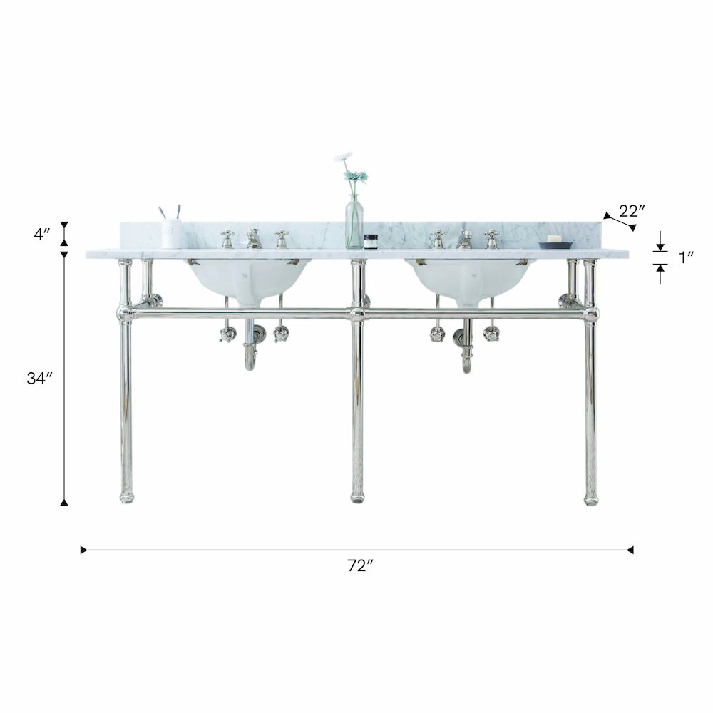 60 In. W. Double Wash Stand, P-Trap, Carrara White Marble Countertop