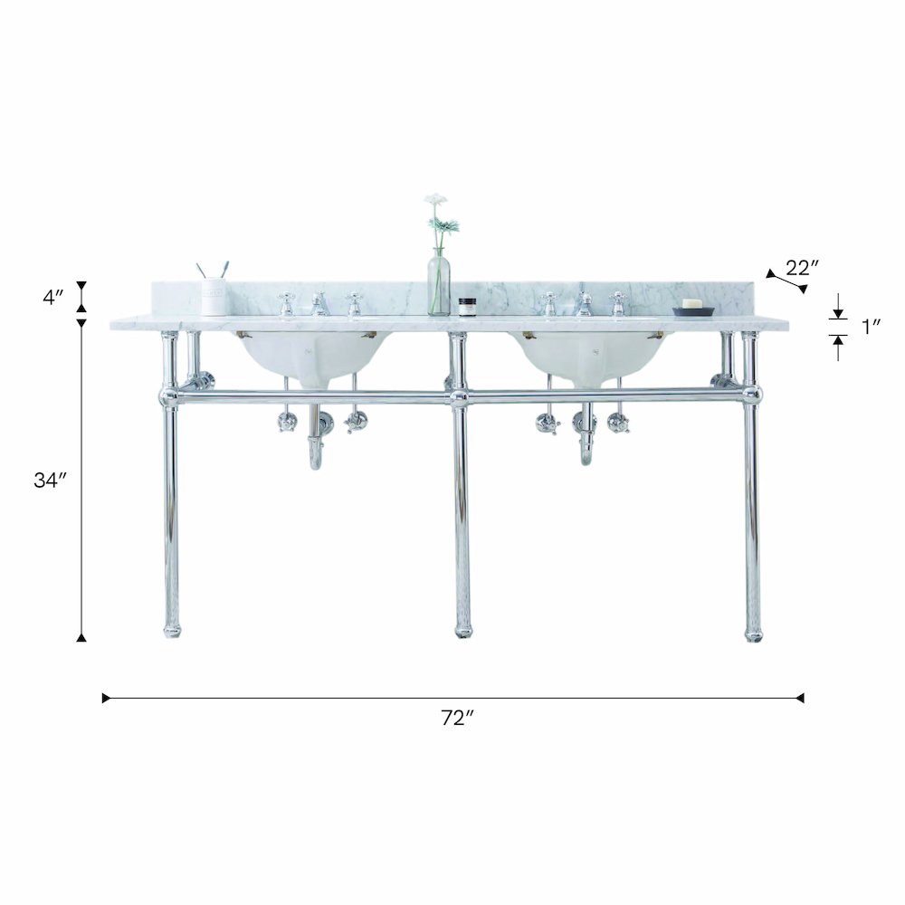 60 In. W. Double Wash Stand, P-Trap, Carrara White Marble Countertop