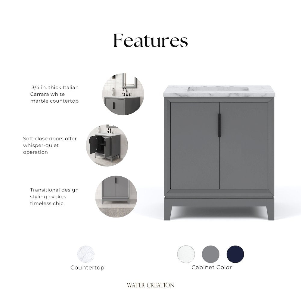 30 In. Single Sink Carrara White Marble Countertop Bath Vanity In Cashmere Grey