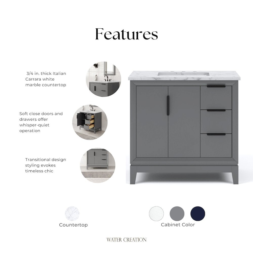 36 In. Single Sink Carrara White Marble Countertop Bath Vanity In Cashmere Grey
