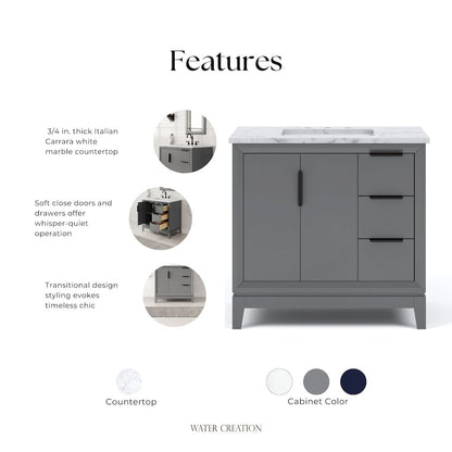 36 In. Single Sink Carrara White Marble Countertop Bath Vanity In Cashmere Grey