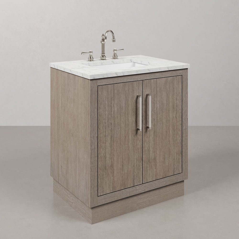 Hugo 30 In. Single Sink Carrara White Marble Countertop Bath Vanity in Grey Oak