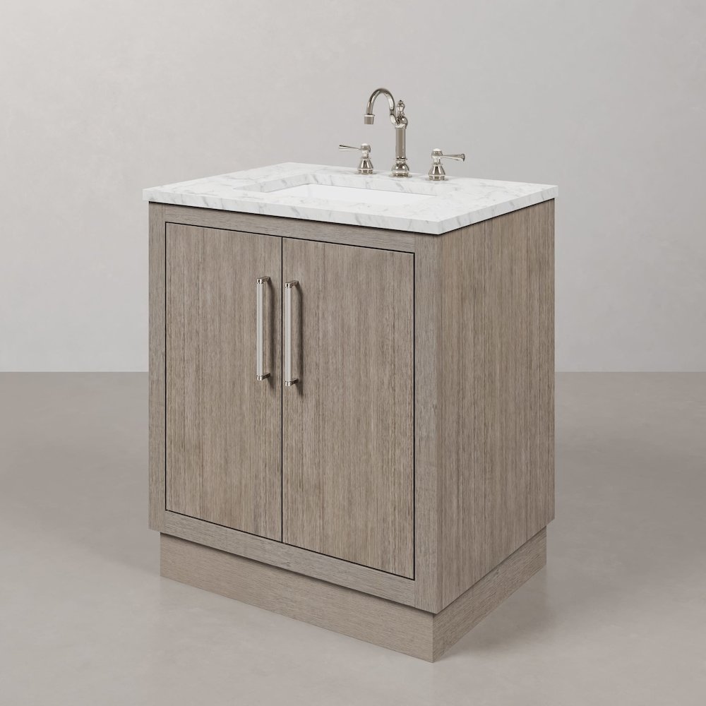 Hugo 30 In. Single Sink Carrara White Marble Countertop Bath Vanity in Grey Oak