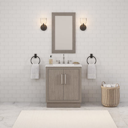 Hugo 30 In. Single Sink Carrara White Marble Countertop Bath Vanity in Grey Oak