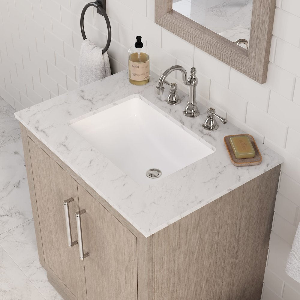 Hugo 30 In. Single Sink Carrara White Marble Countertop Bath Vanity in Grey Oak