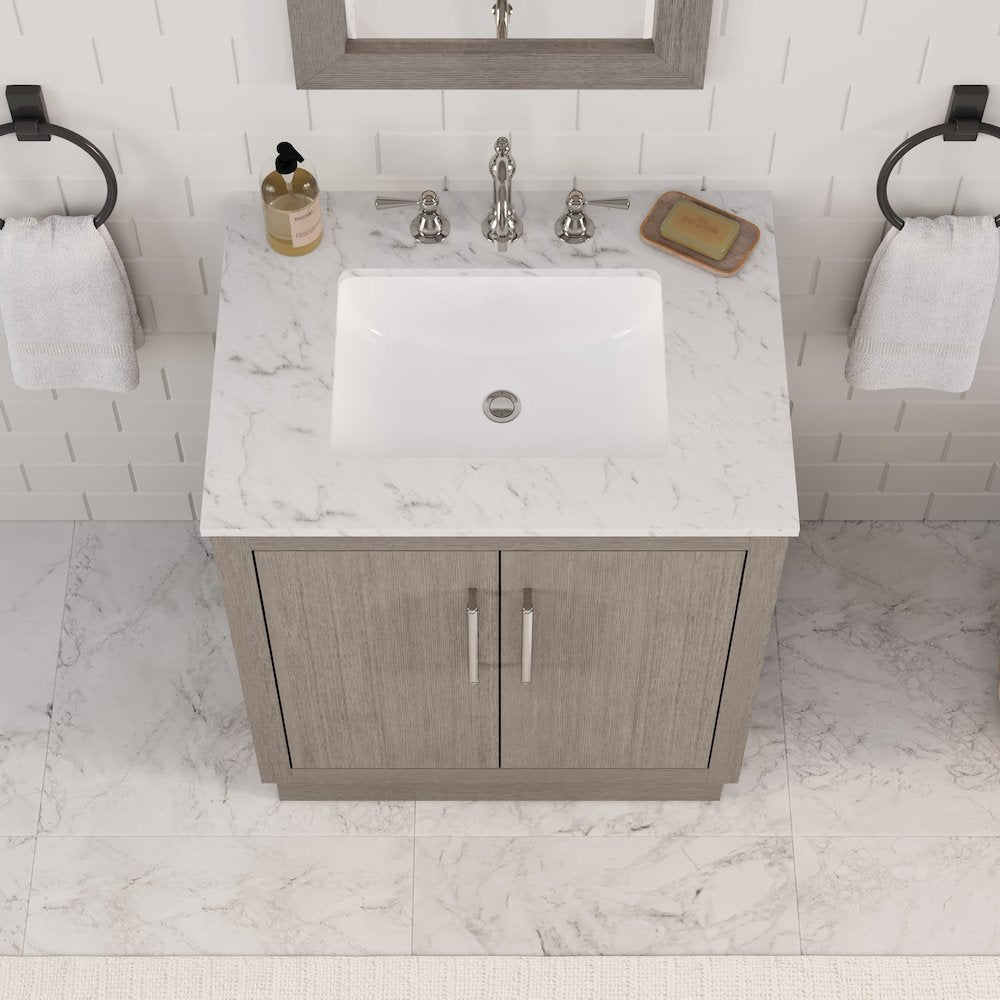 Hugo 30 In. Single Sink Carrara White Marble Countertop Bath Vanity in Grey Oak