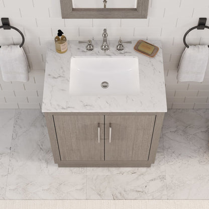 Hugo 30 In. Single Sink Carrara White Marble Countertop Bath Vanity in Grey Oak