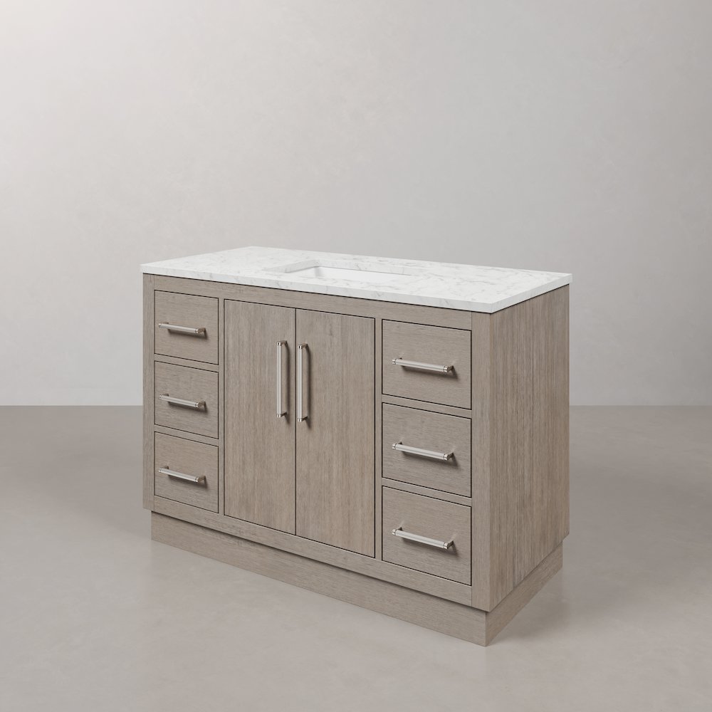 Hugo 48 In. Single Sink Carrara White Marble Countertop Bath Vanity in Grey Oak