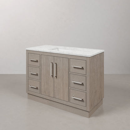 Hugo 48 In. Single Sink Carrara White Marble Countertop Bath Vanity in Grey Oak