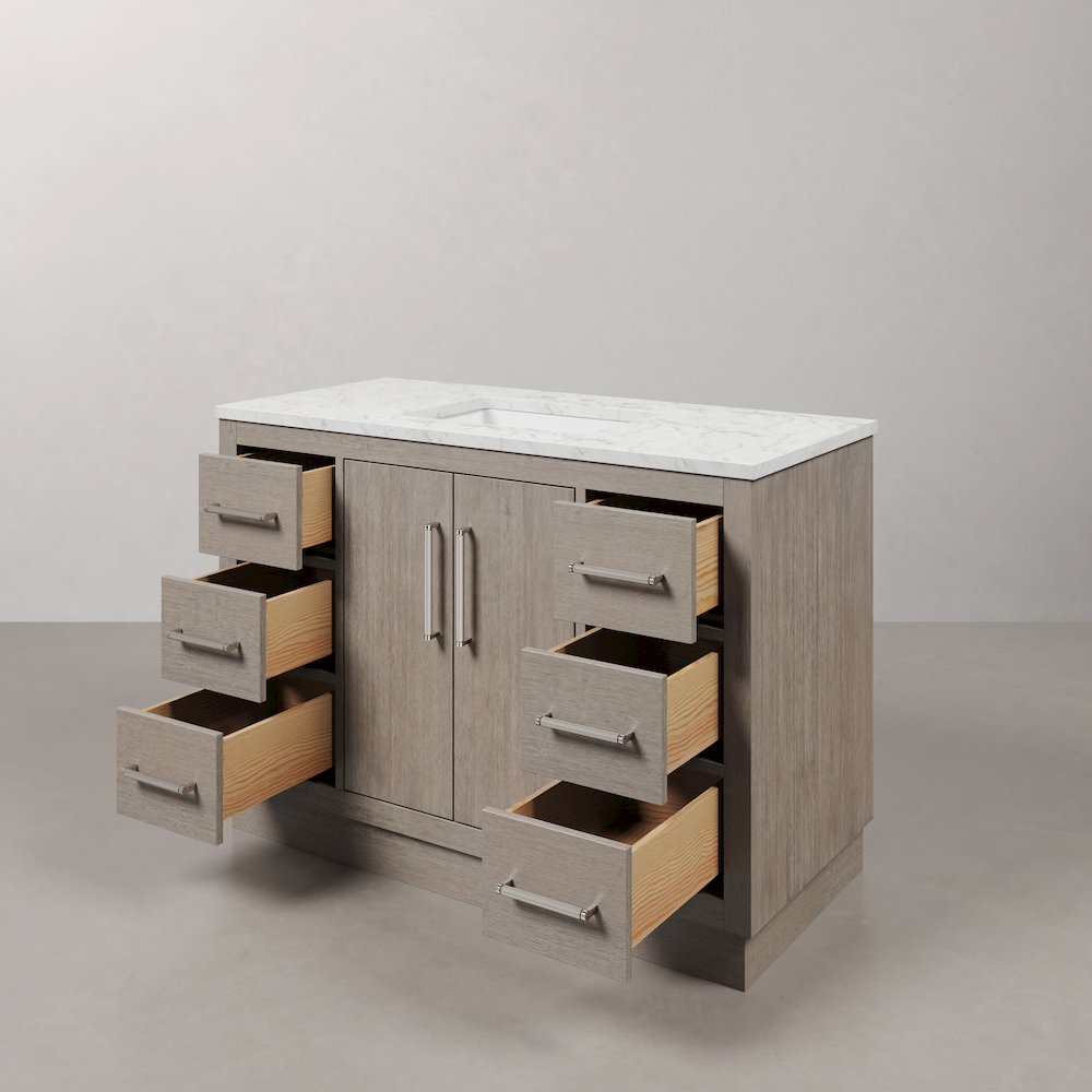 Hugo 48 In. Single Sink Carrara White Marble Countertop Bath Vanity in Grey Oak