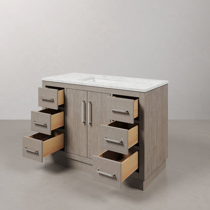 Hugo 48 In. Single Sink Carrara White Marble Countertop Bath Vanity in Grey Oak