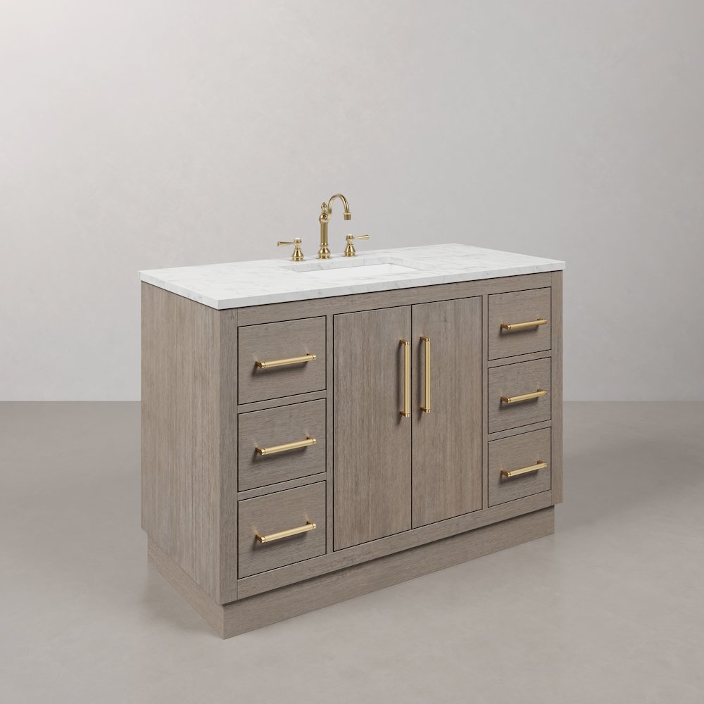 Hugo 48 In. Single Sink Carrara White Marble Countertop Bath Vanity in Grey Oak