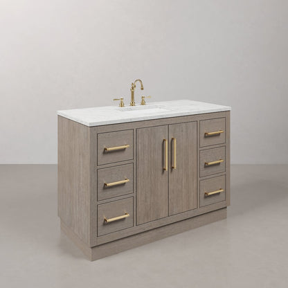 Hugo 48 In. Single Sink Carrara White Marble Countertop Bath Vanity in Grey Oak