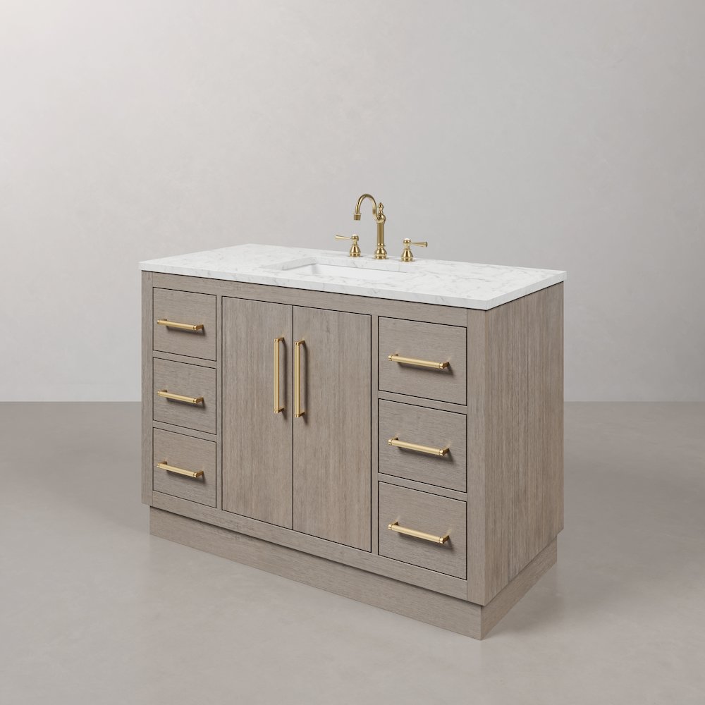 Hugo 48 In. Single Sink Carrara White Marble Countertop Bath Vanity in Grey Oak