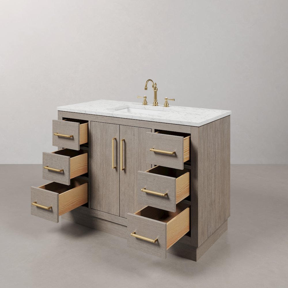 Hugo 48 In. Single Sink Carrara White Marble Countertop Bath Vanity in Grey Oak