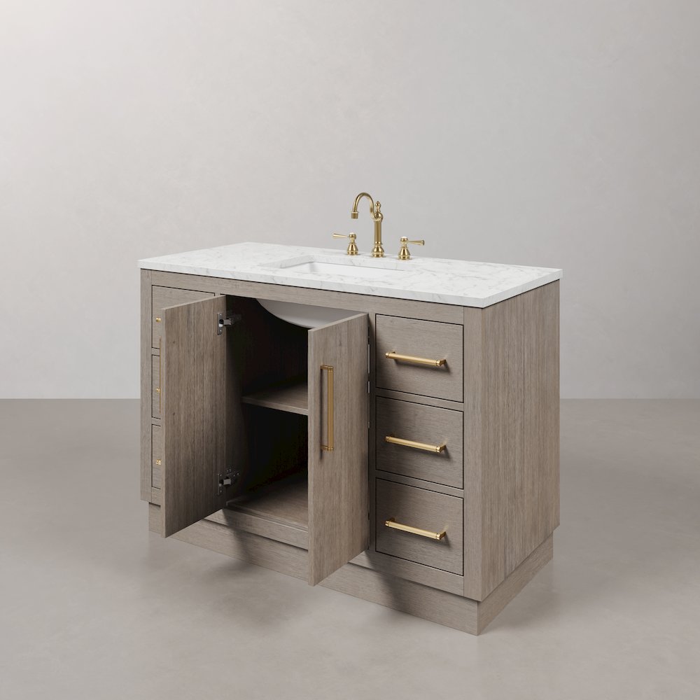 Hugo 48 In. Single Sink Carrara White Marble Countertop Bath Vanity in Grey Oak
