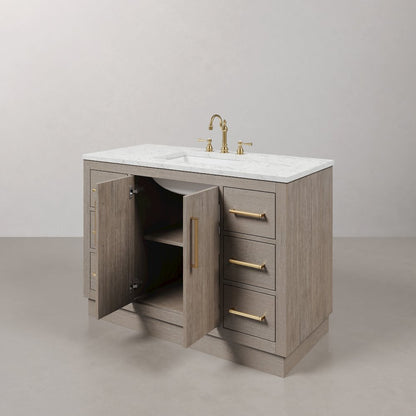 Hugo 48 In. Single Sink Carrara White Marble Countertop Bath Vanity in Grey Oak