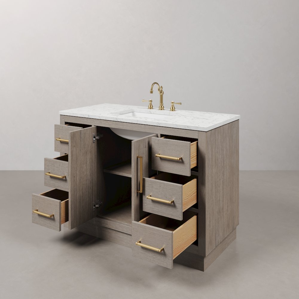 Hugo 48 In. Single Sink Carrara White Marble Countertop Bath Vanity in Grey Oak