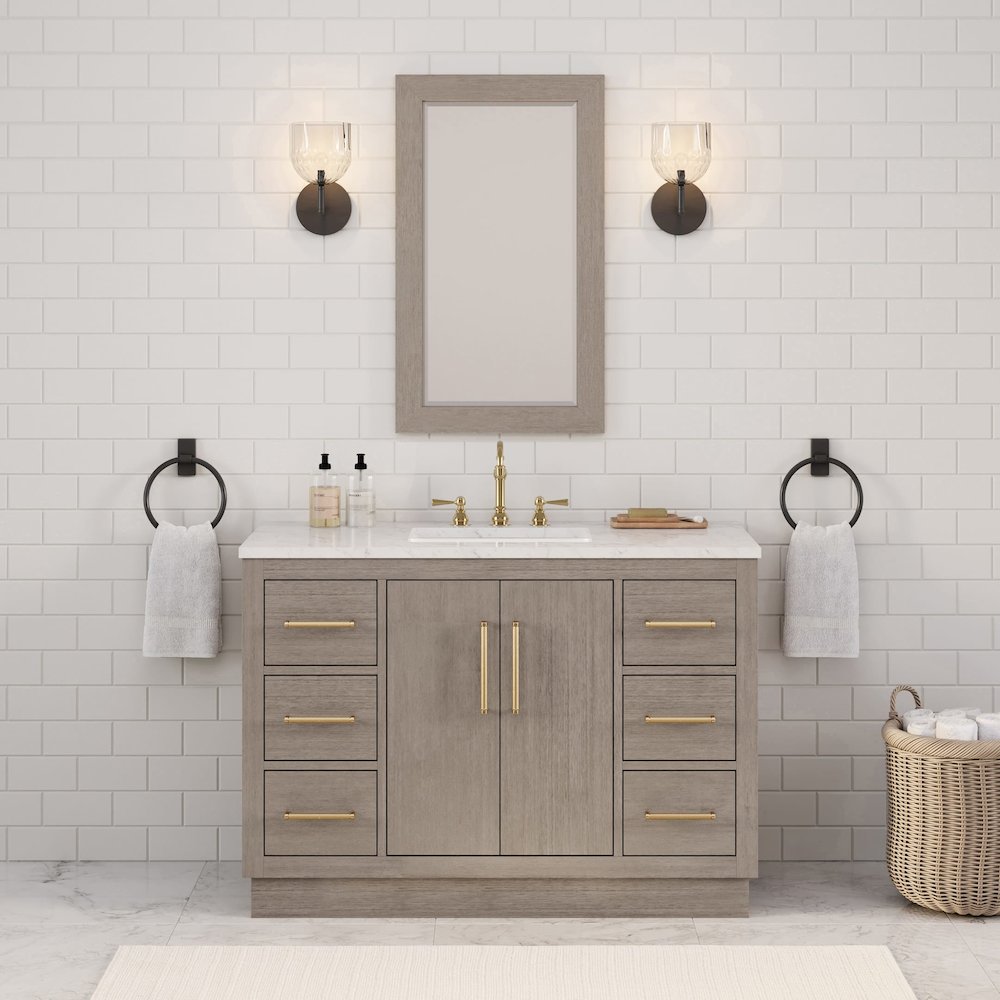Hugo 48 In. Single Sink Carrara White Marble Countertop Bath Vanity in Grey Oak
