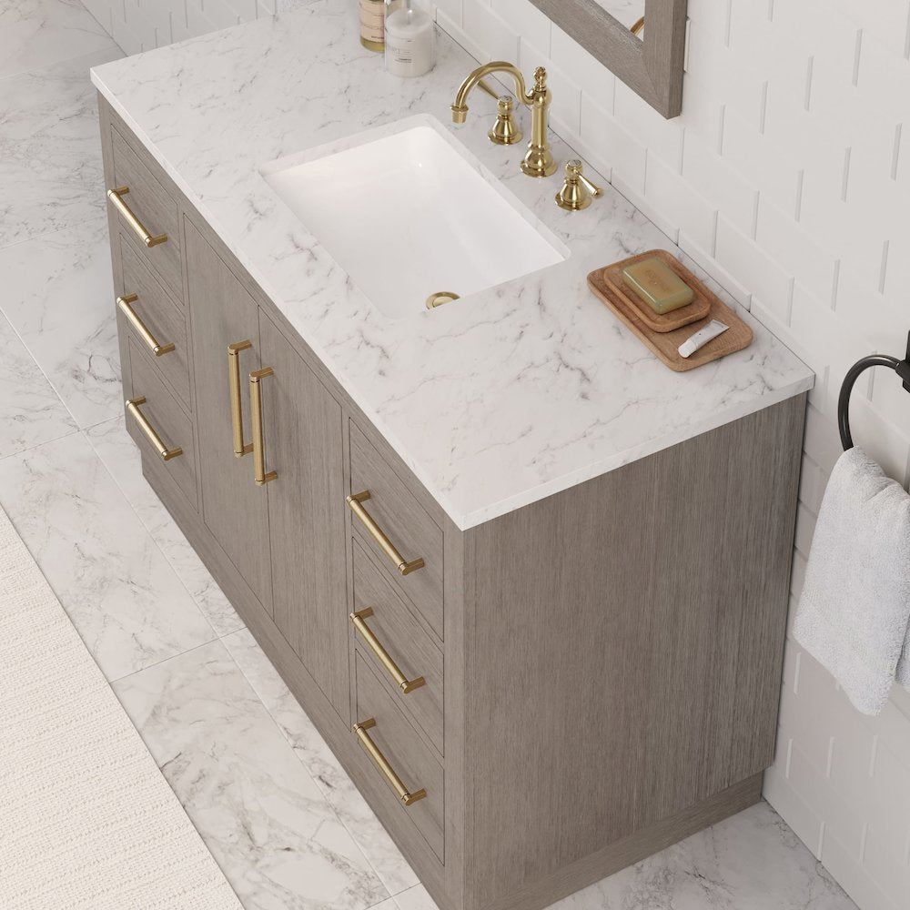 Hugo 48 In. Single Sink Carrara White Marble Countertop Bath Vanity in Grey Oak