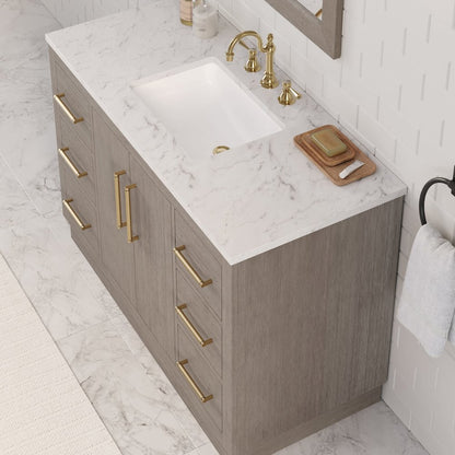 Hugo 48 In. Single Sink Carrara White Marble Countertop Bath Vanity in Grey Oak