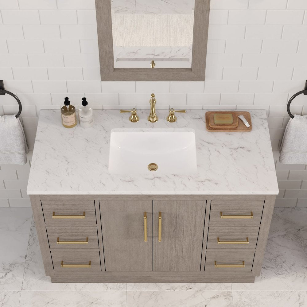 Hugo 48 In. Single Sink Carrara White Marble Countertop Bath Vanity in Grey Oak