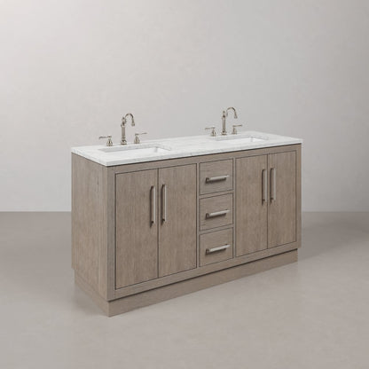 Hugo 60 In. Double Sink Carrara White Marble Countertop Bath Vanity in Grey Oak