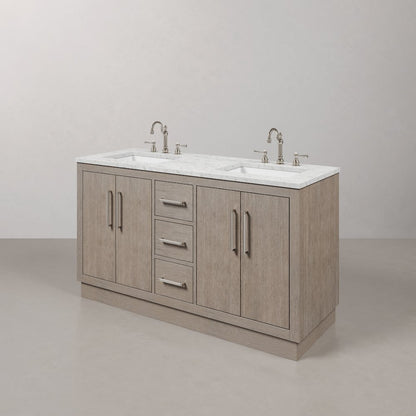 Hugo 60 In. Double Sink Carrara White Marble Countertop Bath Vanity in Grey Oak