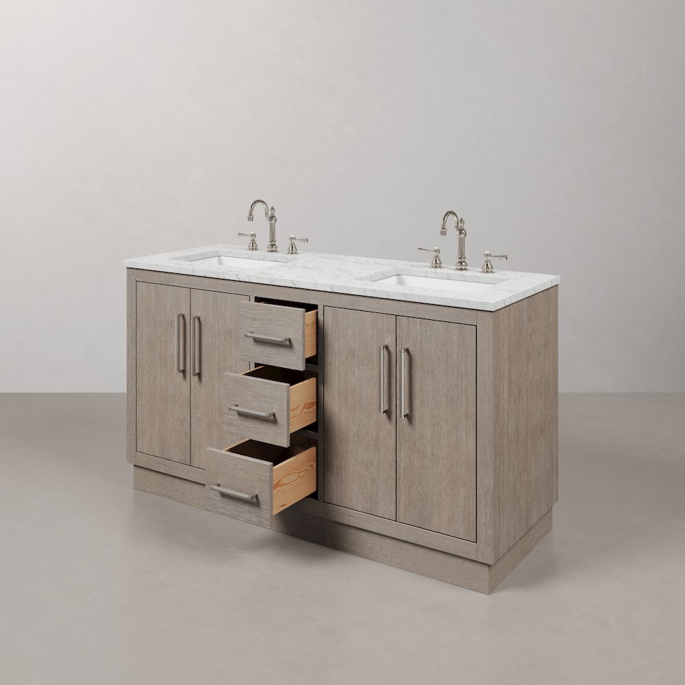 Hugo 60 In. Double Sink Carrara White Marble Countertop Bath Vanity in Grey Oak