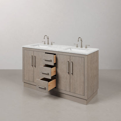 Hugo 60 In. Double Sink Carrara White Marble Countertop Bath Vanity in Grey Oak