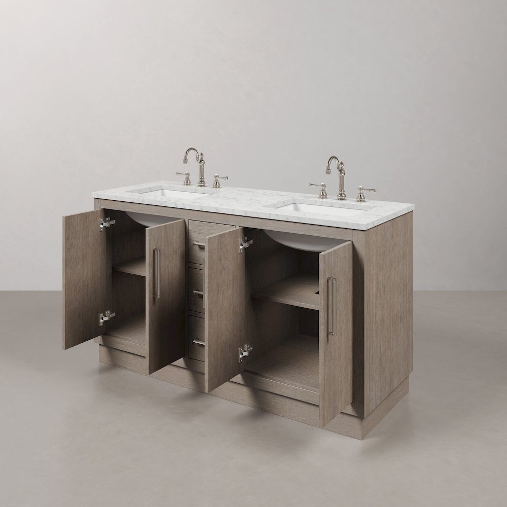 Hugo 60 In. Double Sink Carrara White Marble Countertop Bath Vanity in Grey Oak