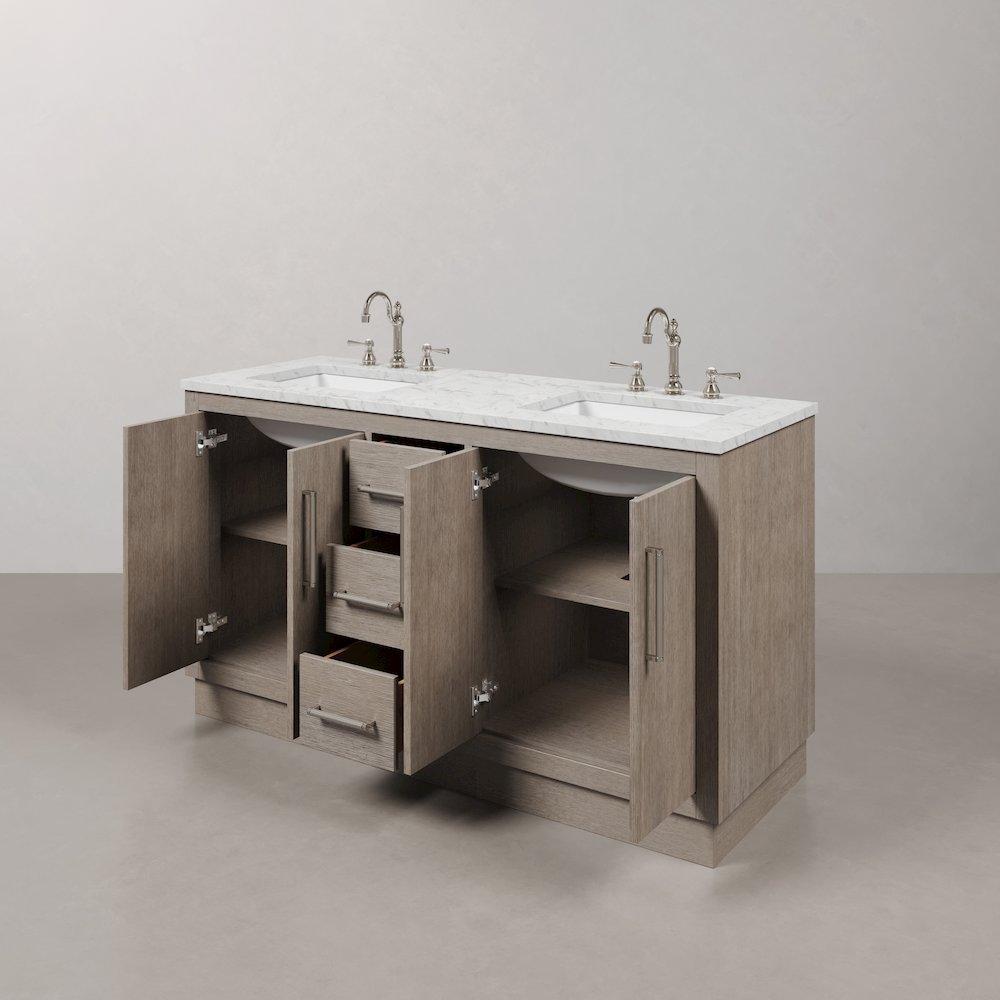 Hugo 60 In. Double Sink Carrara White Marble Countertop Bath Vanity in Grey Oak