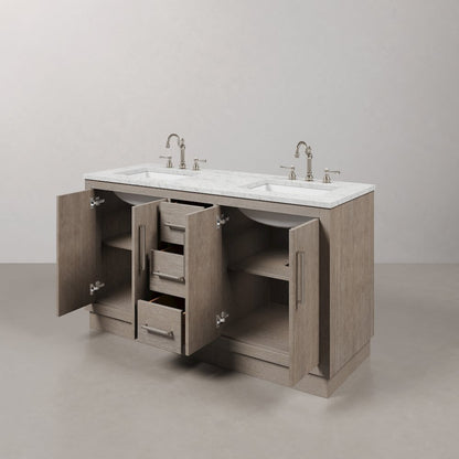 Hugo 60 In. Double Sink Carrara White Marble Countertop Bath Vanity in Grey Oak