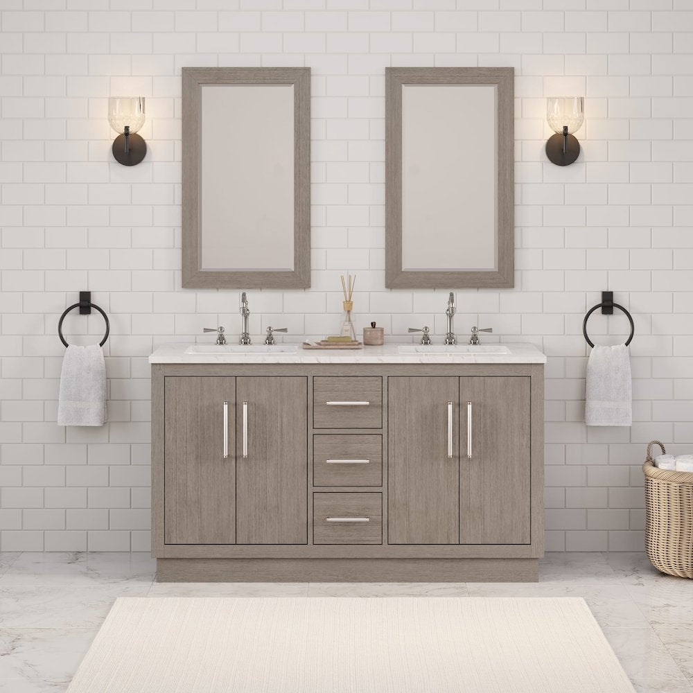 Hugo 60 In. Double Sink Carrara White Marble Countertop Bath Vanity in Grey Oak