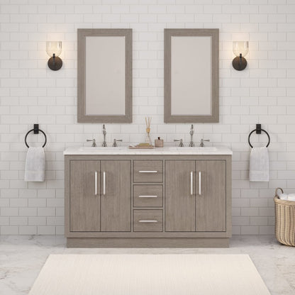 Hugo 60 In. Double Sink Carrara White Marble Countertop Bath Vanity in Grey Oak