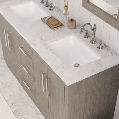 Hugo 60 In. Double Sink Carrara White Marble Countertop Bath Vanity in Grey Oak