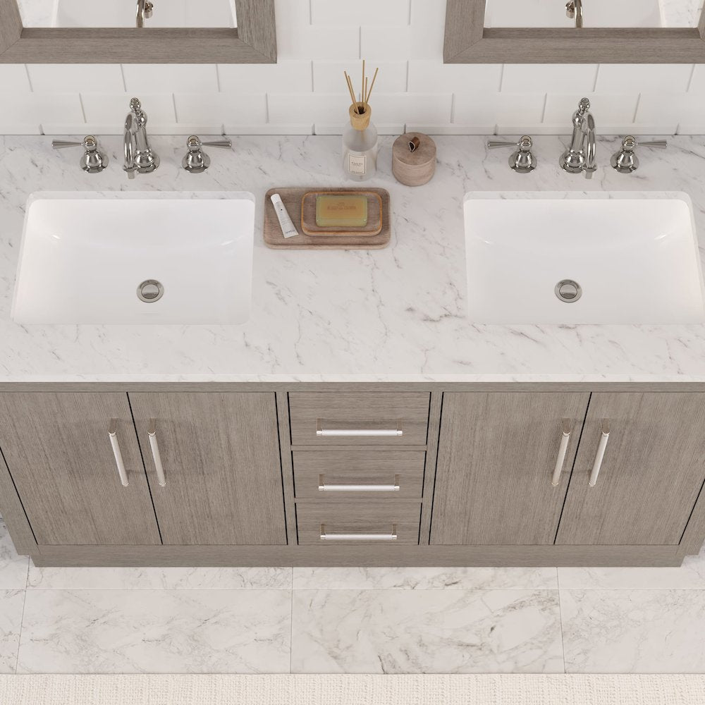 Hugo 60 In. Double Sink Carrara White Marble Countertop Bath Vanity in Grey Oak